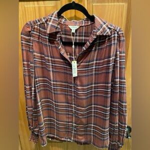 MAX STUDIO Brown Plaid Sleeve Button Front Plaid Shirt Sz XS NWT